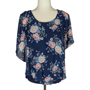 Love Delirious Women's Floral Short Sleeve Overlay Maternity Blouse Large Navy